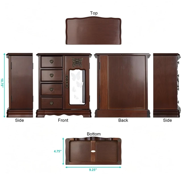 Alt view image 6 of 7 - Solid Wood Jewelry Box for Women Brown | Vintage Butterfly Glass Door Jewelry Armoire with Mirror, 4 Drawers & Rotating Necklace Carousel