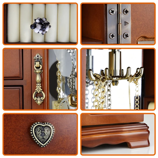 Alt view image 7 of 7 - Solid Wood Jewelry Box for Women Brown | Vintage Butterfly Glass Door Jewelry Armoire with Mirror, 4 Drawers & Rotating Necklace Carousel