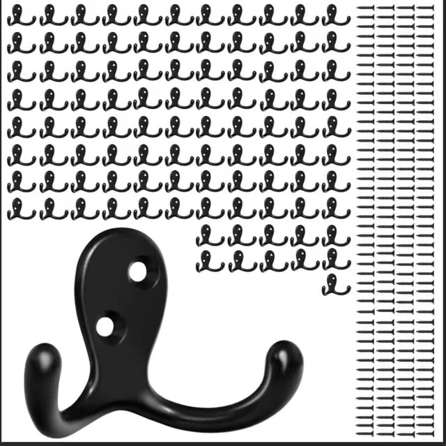 Main image of 100 Pack Black Coat Hooks Wall Mounted Double Prong with 200 Screws | Metal Double Hooks Wall Hooks for Hanging Towel, Coat, Bag, Hat, Cup, Key