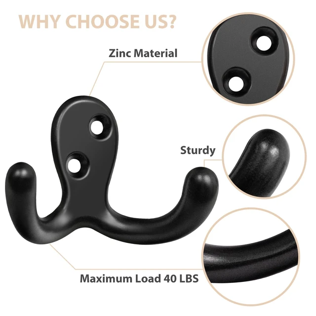 Alt view image 4 of 7 - 100 Pack Black Coat Hooks Wall Mounted Double Prong with 200 Screws | Metal Double Hooks Wall Hooks for Hanging Towel, Coat, Bag, Hat, Cup, Key