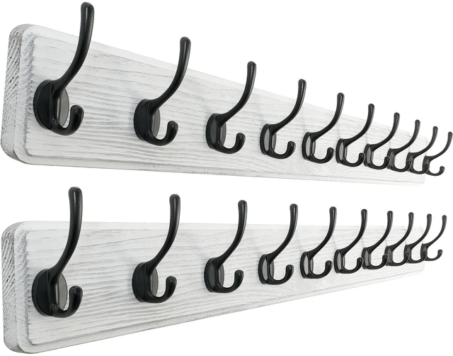 Main image of Rustic Wall Mounted Coat Rack, 10 Hooks, 38", Solid Wood, White | wall coat hooks for towel clothes hat, 100-lb cap, entryway bedroom mudroom, pack of 2, 16" stud spacing, hardware included
