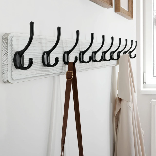 Alt view image 4 of 6 - Rustic Wall Mounted Coat Rack, 10 Hooks, 38", Solid Wood, White | wall coat hooks for towel clothes hat, 100-lb cap, entryway bedroom mudroom, pack of 2, 16" stud spacing, hardware included
