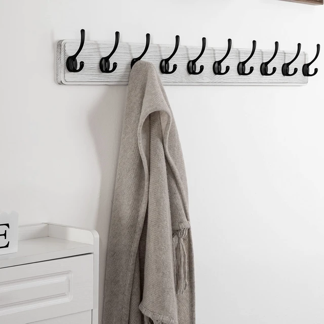 Alt view image 3 of 6 - Rustic Wall Mounted Coat Rack, 10 Hooks, 38", Solid Wood, White | wall coat hooks for towel clothes hat, 100-lb cap, entryway bedroom mudroom, pack of 2, 16" stud spacing, hardware included