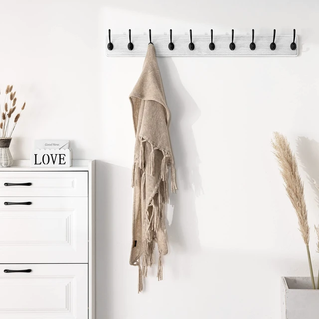 Alt view image 2 of 6 - Rustic Wall Mounted Coat Rack, 10 Hooks, 38", Solid Wood, White | wall coat hooks for towel clothes hat, 100-lb cap, entryway bedroom mudroom, pack of 2, 16" stud spacing, hardware included