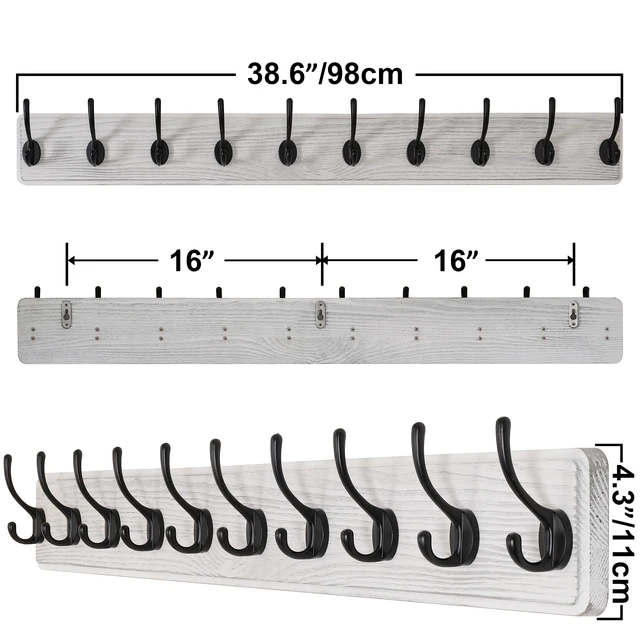 Alt view image 6 of 6 - Rustic Wall Mounted Coat Rack, 10 Hooks, 38", Solid Wood, White | wall coat hooks for towel clothes hat, 100-lb cap, entryway bedroom mudroom, pack of 2, 16" stud spacing, hardware included