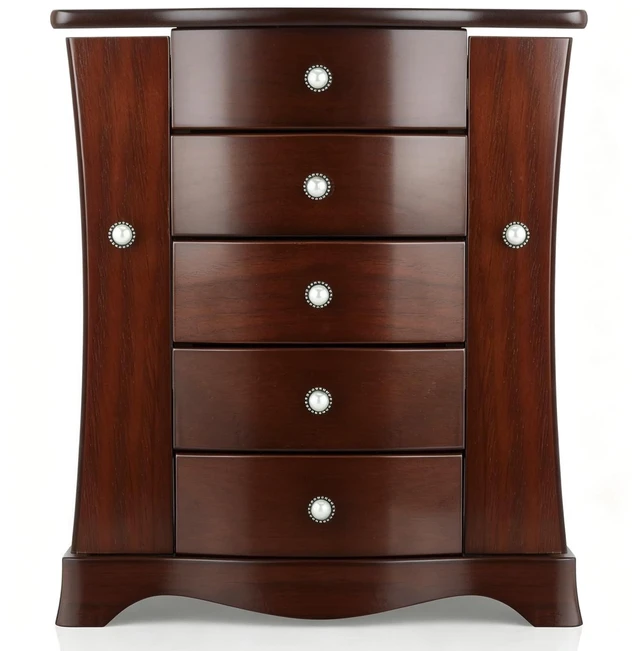 Main image of Solid Wood Jewelry Box Brown | Large Organizer with 4 Drawers, Built-in Necklace Carousel & Large Mirror
