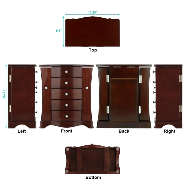 Alt view image 6 of 7 - Solid Wood Jewelry Box Brown | Large Organizer with 4 Drawers, Built-in Necklace Carousel & Large Mirror
