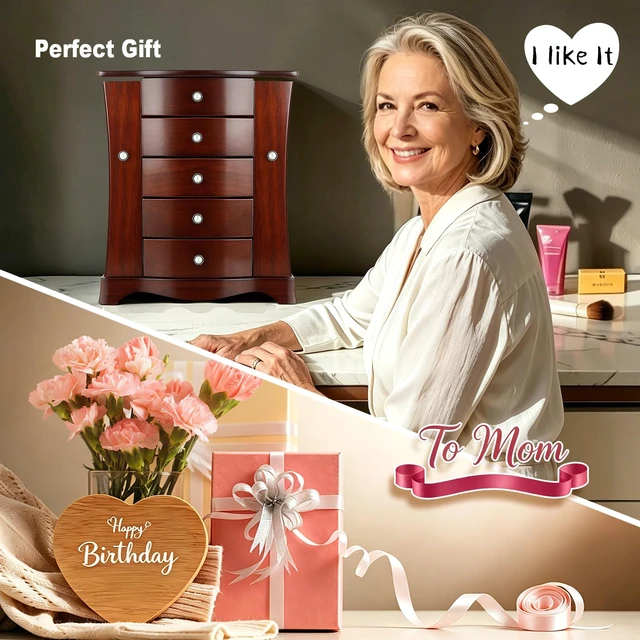 Alt view image 2 of 7 - Solid Wood Jewelry Box Brown | Large Organizer with 4 Drawers, Built-in Necklace Carousel & Large Mirror