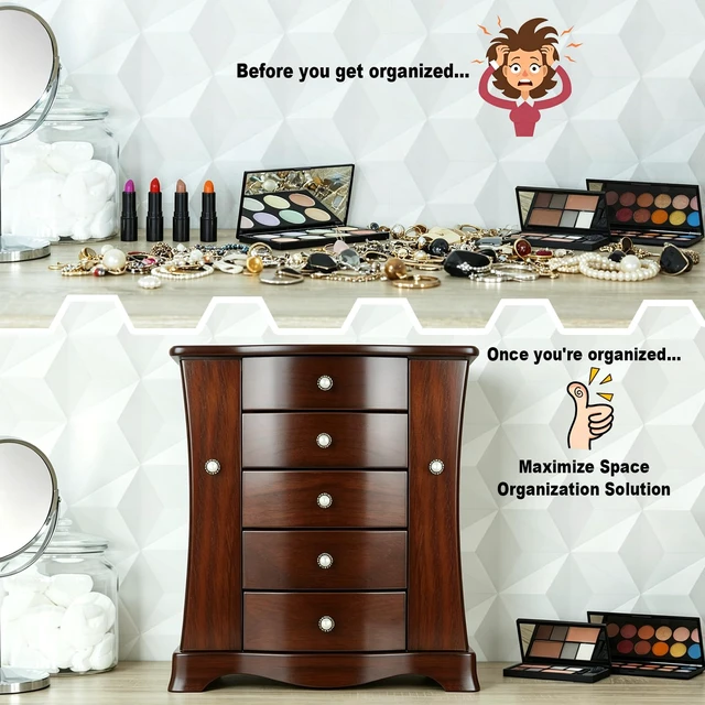 Alt view image 3 of 7 - Solid Wood Jewelry Box Brown | Large Organizer with 4 Drawers, Built-in Necklace Carousel & Large Mirror