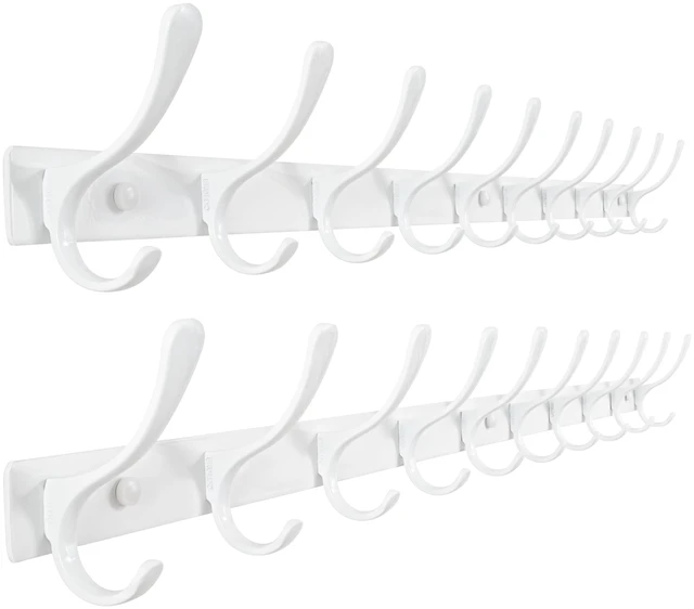 Main image of Coat Rack Wall Mounted - 10 Hooks, Pack of 2, Heavy Duty, Stainless Steel, Metal Wall Hangers, Sturdy Coat Hooks for Hanging Coats, Jacket, Clothes, Hat, White