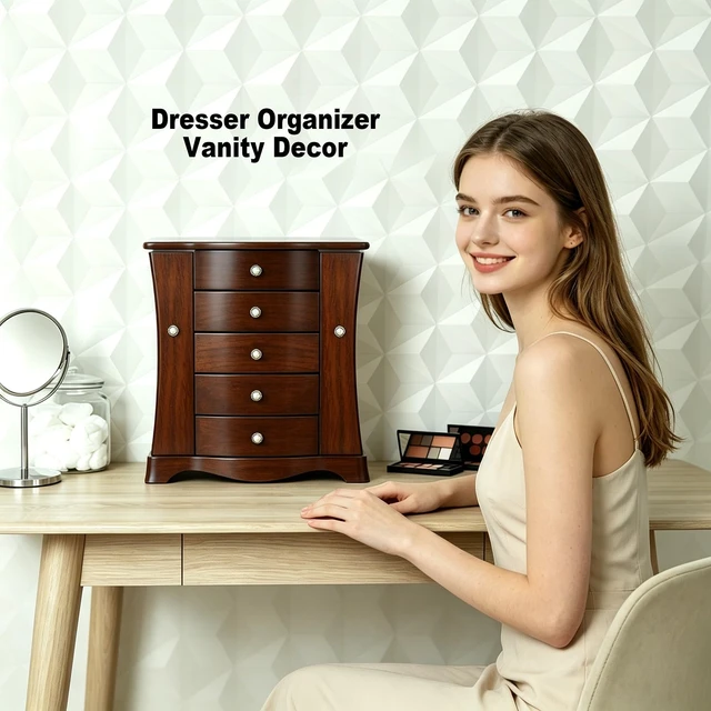Alt view image 4 of 7 - Solid Wood Jewelry Box Brown | Large Organizer with 4 Drawers, Built-in Necklace Carousel & Large Mirror