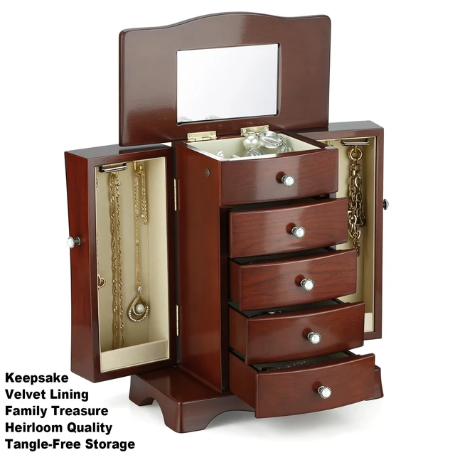 Alt view image 5 of 7 - Solid Wood Jewelry Box Brown | Large Organizer with 4 Drawers, Built-in Necklace Carousel & Large Mirror
