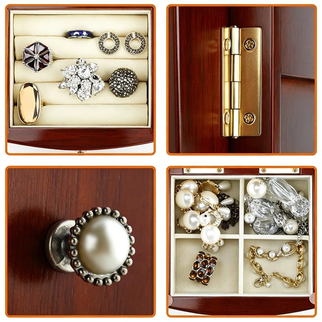 Alt view image 7 of 7 - Solid Wood Jewelry Box Brown | Large Organizer with 4 Drawers, Built-in Necklace Carousel & Large Mirror
