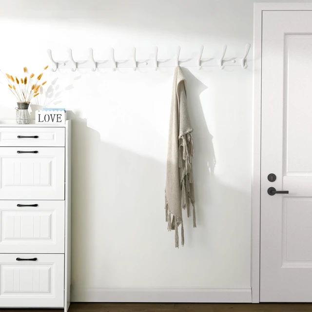 Alt view image 5 of 6 - Coat Rack Wall Mounted - 10 Hooks, Pack of 2, Heavy Duty, Stainless Steel, Metal Wall Hangers, Sturdy Coat Hooks for Hanging Coats, Jacket, Clothes, Hat, White