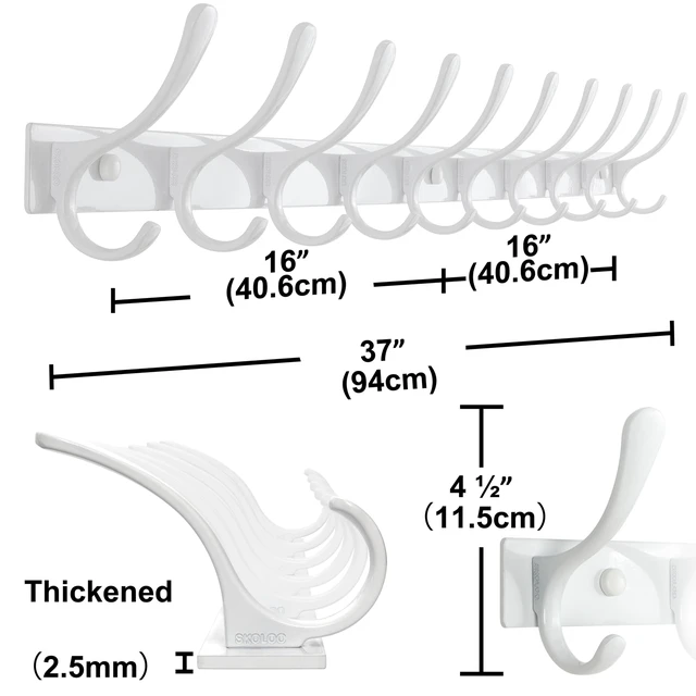 Alt view image 6 of 6 - Coat Rack Wall Mounted - 10 Hooks, Pack of 2, Heavy Duty, Stainless Steel, Metal Wall Hangers, Sturdy Coat Hooks for Hanging Coats, Jacket, Clothes, Hat, White