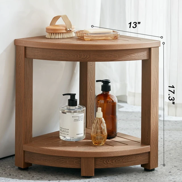 Alt view image 2 of 7 - Corner Shower Stool for Shaving Leg, Waterproof Bathroom Shower Bench Seat for Inside Shower, Poly Lumber Plastic Shower Chair Seat, Shower Foot Rest with Adjustable Feet, Non-Slip, Brown