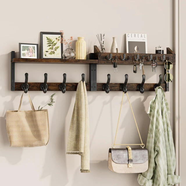 Main image of 35" Coat Rack Wall Mount with Shelf for Entryway, Rustic Brown | Wall Mounted Coat and Key Rack with Hooks, Key Holder with Mail Organizer for Wall, Living Room, Mudroom, Bedroom