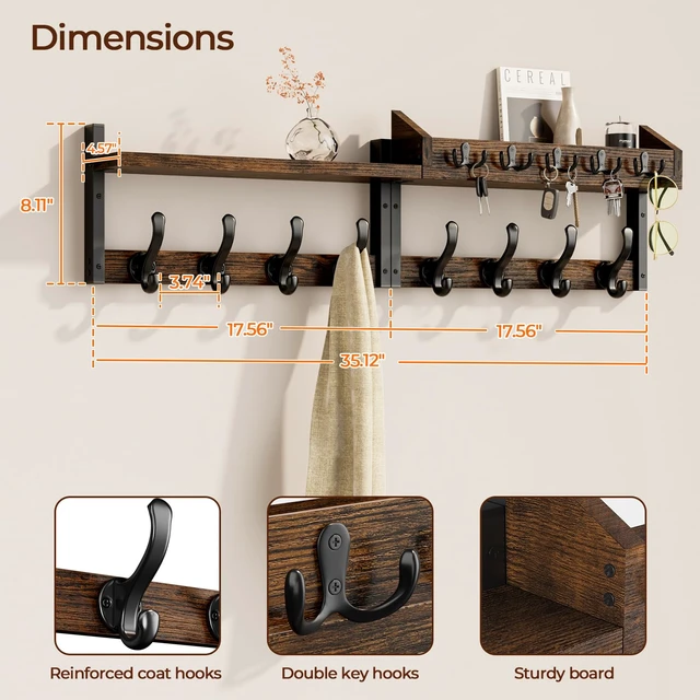 Alt view image 2 of 7 - 35" Coat Rack Wall Mount with Shelf for Entryway, Rustic Brown | Wall Mounted Coat and Key Rack with Hooks, Key Holder with Mail Organizer for Wall, Living Room, Mudroom, Bedroom