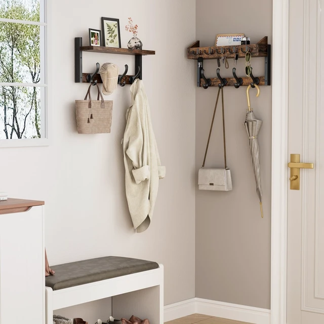 Alt view image 3 of 7 - 35" Coat Rack Wall Mount with Shelf for Entryway, Rustic Brown | Wall Mounted Coat and Key Rack with Hooks, Key Holder with Mail Organizer for Wall, Living Room, Mudroom, Bedroom