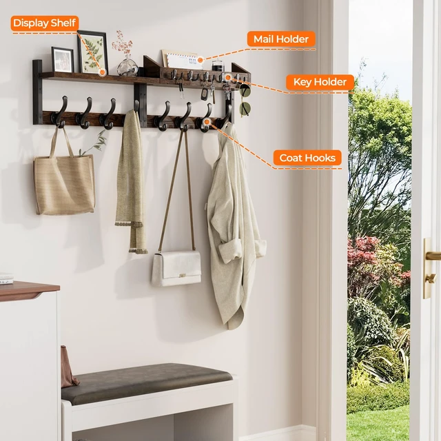 Alt view image 5 of 7 - 35" Coat Rack Wall Mount with Shelf for Entryway, Rustic Brown | Wall Mounted Coat and Key Rack with Hooks, Key Holder with Mail Organizer for Wall, Living Room, Mudroom, Bedroom