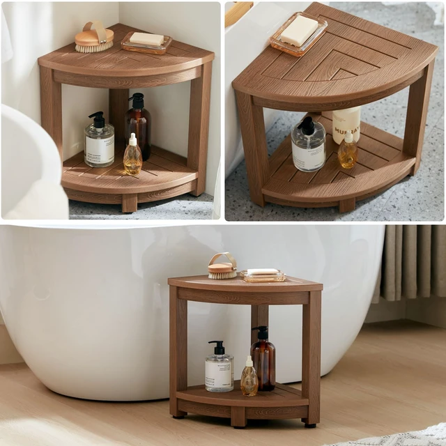 Alt view image 6 of 7 - Corner Shower Stool for Shaving Leg, Waterproof Bathroom Shower Bench Seat for Inside Shower, Poly Lumber Plastic Shower Chair Seat, Shower Foot Rest with Adjustable Feet, Non-Slip, Brown