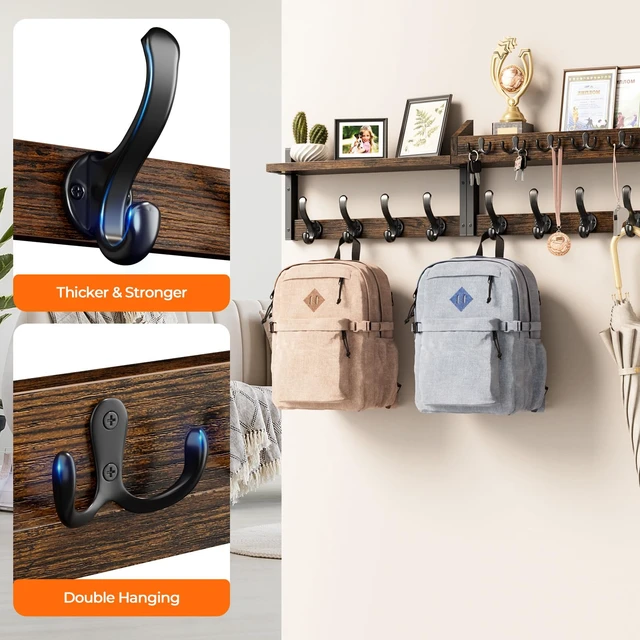 Alt view image 6 of 7 - 35" Coat Rack Wall Mount with Shelf for Entryway, Rustic Brown | Wall Mounted Coat and Key Rack with Hooks, Key Holder with Mail Organizer for Wall, Living Room, Mudroom, Bedroom