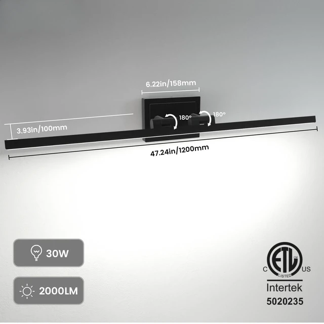 Alt view image 5 of 6 - Modern Bathroom Vanity Light 48 inch, Rotatable, 30W Dimmable 5CCT Led Bathroom Light Fixture Over Mirror, Black Bar Vanity Light for Bathroom Mirror Cabinets-ETL Certificated