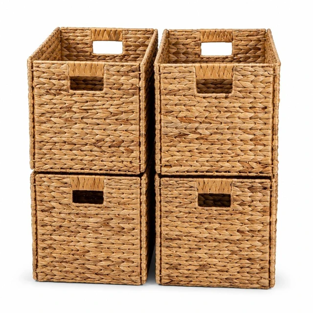 Main image of 4 Decorative Hand-Woven Water Hyacinth Wicker Storage Basket, 16x11x11 Ideal for Shelving Units
