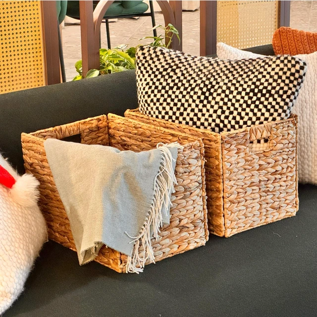 Alt view image 7 of 7 - 4 Decorative Hand-Woven Water Hyacinth Wicker Storage Basket, 16x11x11 Ideal for Shelving Units