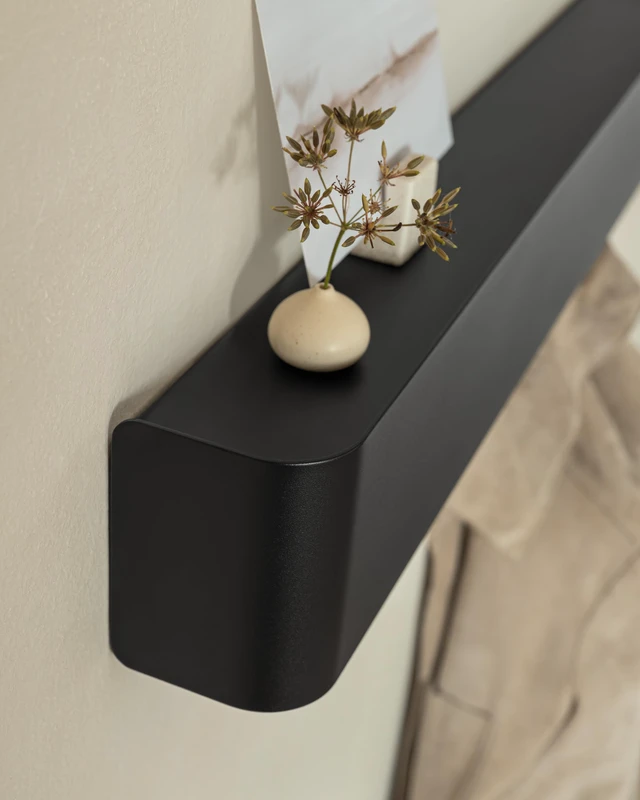 Alt view image 2 of 7 - Coat Rack Wall Mount with Shelf 'Tone' | Modern Design Coat Hanger with Hidden Hooks and Storage | Hat Rack with Shelf in Metal | Wall-Mounted Purse Organizer | Black