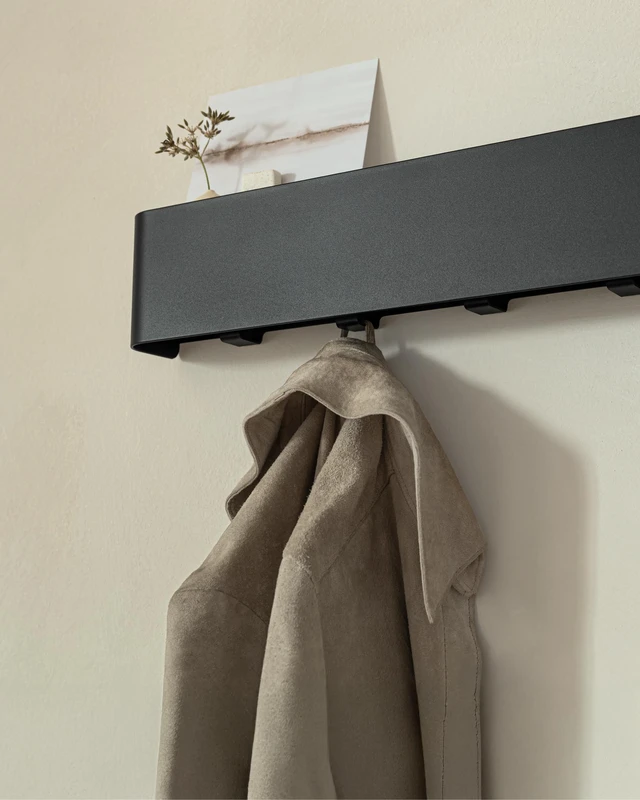 Alt view image 3 of 7 - Coat Rack Wall Mount with Shelf 'Tone' | Modern Design Coat Hanger with Hidden Hooks and Storage | Hat Rack with Shelf in Metal | Wall-Mounted Purse Organizer | Black
