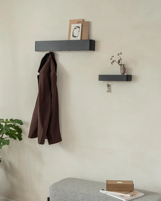 Alt view image 4 of 7 - Coat Rack Wall Mount with Shelf 'Tone' | Modern Design Coat Hanger with Hidden Hooks and Storage | Hat Rack with Shelf in Metal | Wall-Mounted Purse Organizer | Black