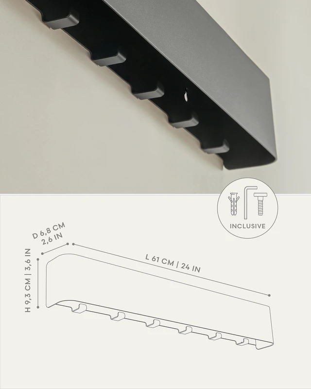 Alt view image 7 of 7 - Coat Rack Wall Mount with Shelf 'Tone' | Modern Design Coat Hanger with Hidden Hooks and Storage | Hat Rack with Shelf in Metal | Wall-Mounted Purse Organizer | Black