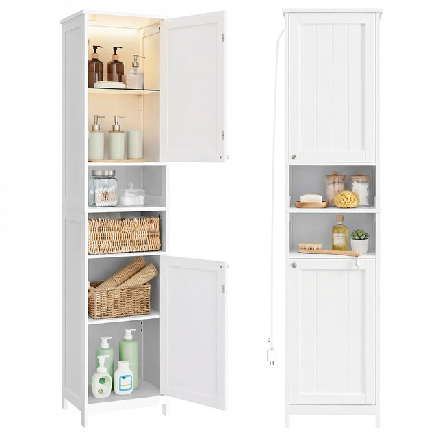 Main image of Tall Storage Cabinet with Lights, Slim, 15.7" W, Cloud White | Freestanding, Adjustable Shelves, for Small Spaces, Bathroom, Living Room, Farmhouse, SOFIE Collection UBBC766W02