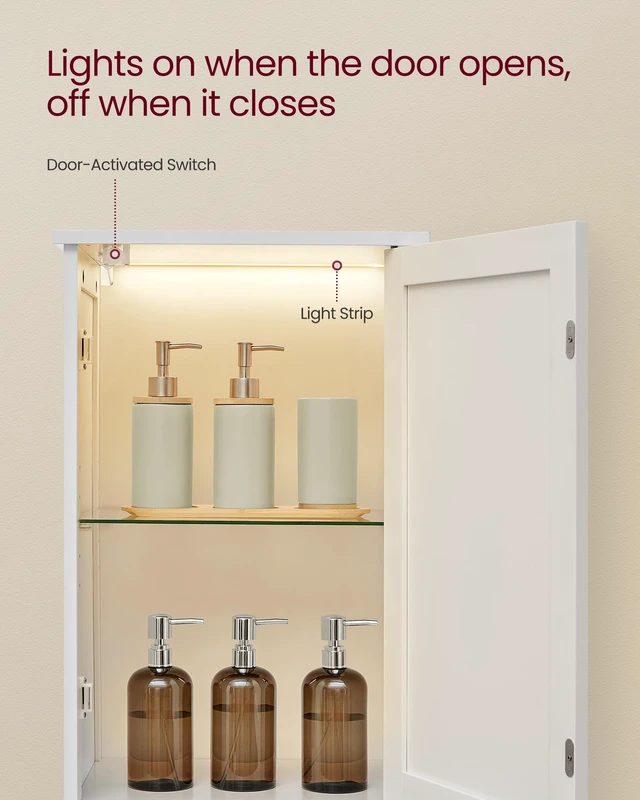 Alt view image 2 of 6 - Tall Storage Cabinet with Lights, Slim, 15.7" W, Cloud White | Freestanding, Adjustable Shelves, for Small Spaces, Bathroom, Living Room, Farmhouse, SOFIE Collection UBBC766W02