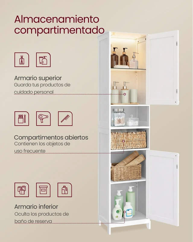 Alt view image 3 of 6 - Tall Storage Cabinet with Lights, Slim, 15.7" W, Cloud White | Freestanding, Adjustable Shelves, for Small Spaces, Bathroom, Living Room, Farmhouse, SOFIE Collection UBBC766W02