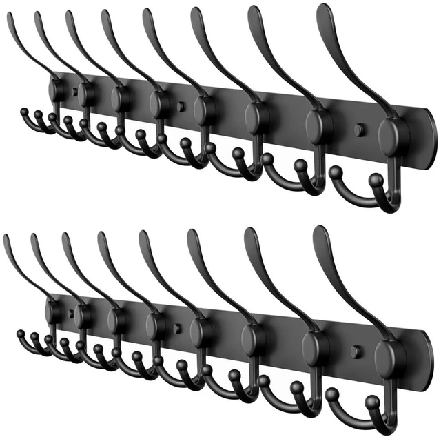 Main image of Coat Rack Wall Mount with 8 Tri Hooks 24 Inch Stainless Steel Coat Hook Rack, Heavy Duty Wall Mounted Organizer for Coats, Hats, Towels, Robes, Bags, Scarves, Entryway, Bathroom - Black 2 Pack