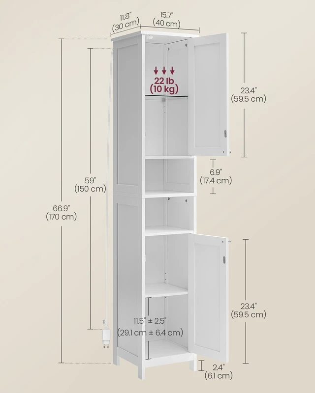 Alt view image 5 of 6 - Tall Storage Cabinet with Lights, Slim, 15.7" W, Cloud White | Freestanding, Adjustable Shelves, for Small Spaces, Bathroom, Living Room, Farmhouse, SOFIE Collection UBBC766W02