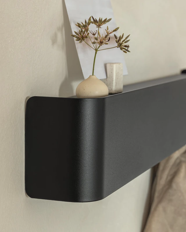 Alt view image 6 of 7 - Coat Rack Wall Mount with Shelf 'Tone' | Modern Design Coat Hanger with Hidden Hooks and Storage | Hat Rack with Shelf in Metal | Wall-Mounted Purse Organizer | Black