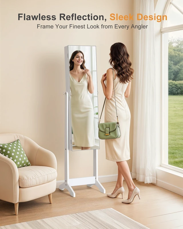 Alt view image 2 of 6 - Freestanding Jewelry Cabinet, Full Length Mirror, Moon White | Jewelry Armoire Organizer, Lockable Jewelry Storage Cabinet, Frameless Mirror, 3 Adjustable Angles,Gift Idea,Quick Assembly