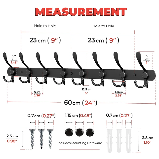 Alt view image 2 of 7 - Coat Rack Wall Mount with 8 Tri Hooks 24 Inch Stainless Steel Coat Hook Rack, Heavy Duty Wall Mounted Organizer for Coats, Hats, Towels, Robes, Bags, Scarves, Entryway, Bathroom - Black 2 Pack