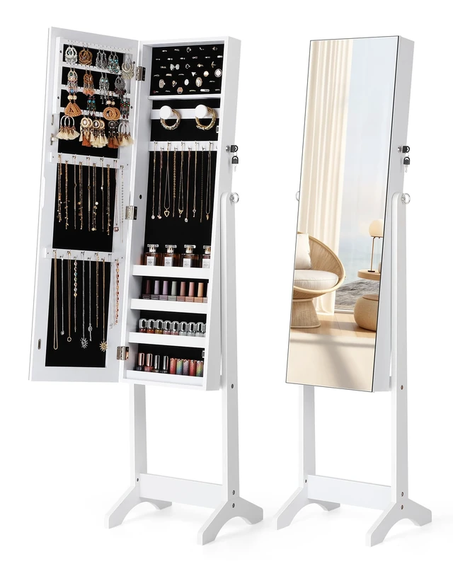 Main image of Freestanding Jewelry Cabinet, Full Length Mirror, Moon White | Jewelry Armoire Organizer, Lockable Jewelry Storage Cabinet, Frameless Mirror, 3 Adjustable Angles,Gift Idea,Quick Assembly