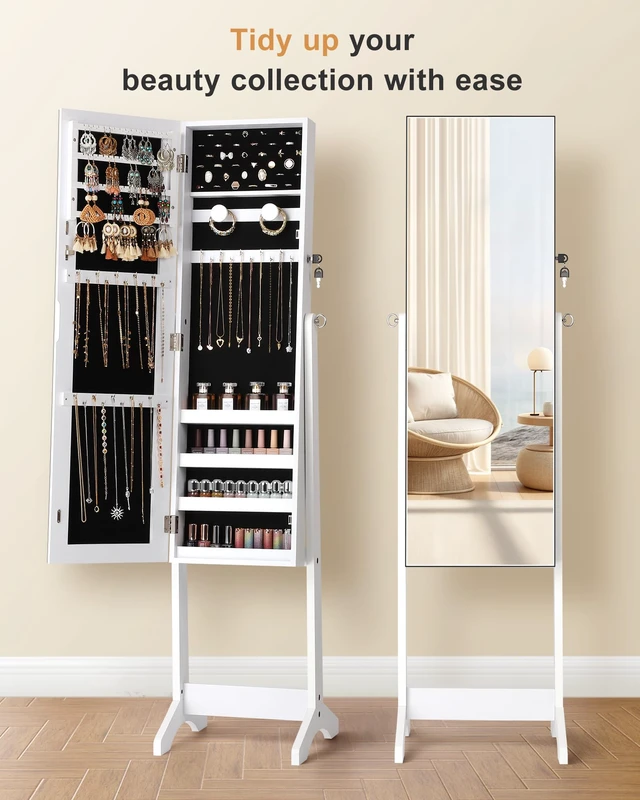 Alt view image 3 of 6 - Freestanding Jewelry Cabinet, Full Length Mirror, Moon White | Jewelry Armoire Organizer, Lockable Jewelry Storage Cabinet, Frameless Mirror, 3 Adjustable Angles,Gift Idea,Quick Assembly