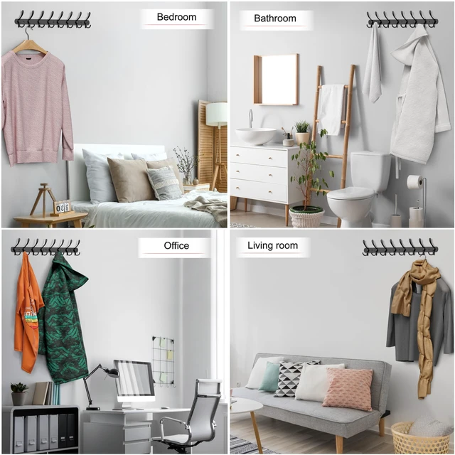 Alt view image 7 of 7 - Coat Rack Wall Mount with 8 Tri Hooks 24 Inch Stainless Steel Coat Hook Rack, Heavy Duty Wall Mounted Organizer for Coats, Hats, Towels, Robes, Bags, Scarves, Entryway, Bathroom - Black 2 Pack
