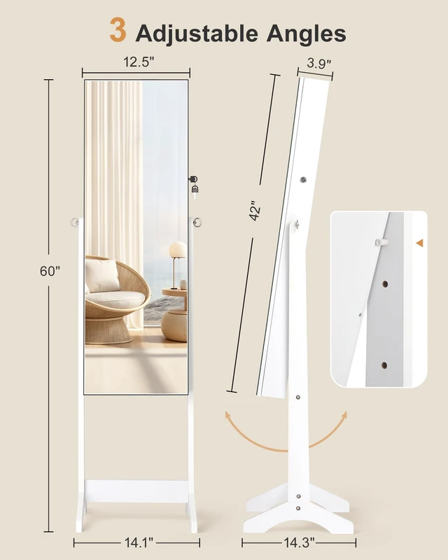 Alt view image 4 of 6 - Freestanding Jewelry Cabinet, Full Length Mirror, Moon White | Jewelry Armoire Organizer, Lockable Jewelry Storage Cabinet, Frameless Mirror, 3 Adjustable Angles,Gift Idea,Quick Assembly