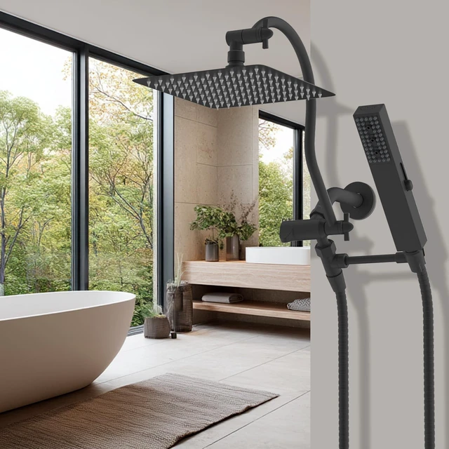 Alt view image 7 of 7 - All Metal cUPC Certified Shower Head, 10'' High Pressure Rainfall Showerhead Combo, Handheld Shower Wand, 12'' Adjustable Extension Arm, 4-Spray, 71'' Hose, Brass Shower Holder, Matte Black