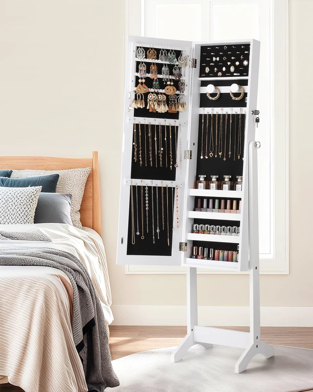Alt view image 5 of 6 - Freestanding Jewelry Cabinet, Full Length Mirror, Moon White | Jewelry Armoire Organizer, Lockable Jewelry Storage Cabinet, Frameless Mirror, 3 Adjustable Angles,Gift Idea,Quick Assembly