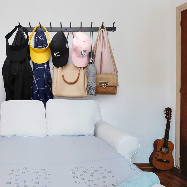 Alt view image 4 of 7 - Coat Rack Wall Mounted,24 Inch 8 Hooks for Hanging Coats,Hook Rack Hook Rail Coat Hanger Wall Mount for Backpack,Clothes,Jacket,Black,2 Packs