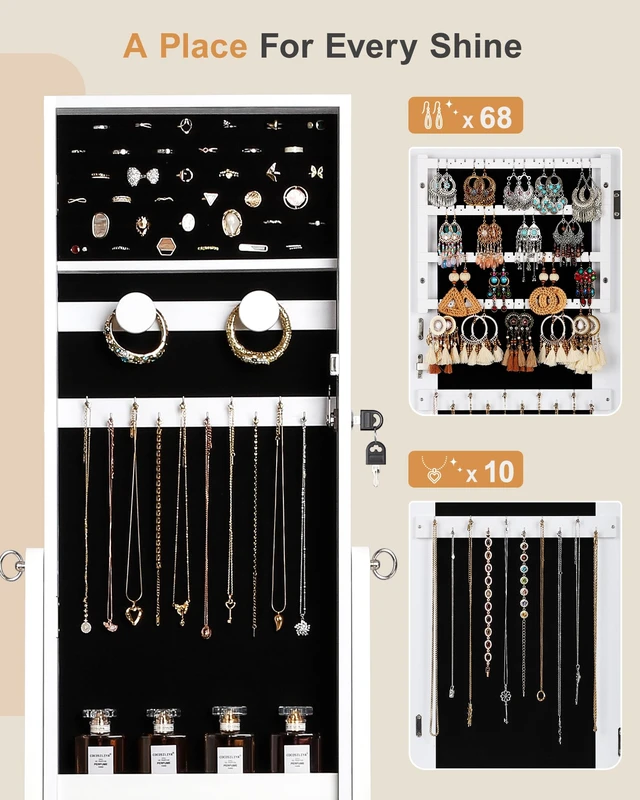 Alt view image 6 of 6 - Freestanding Jewelry Cabinet, Full Length Mirror, Moon White | Jewelry Armoire Organizer, Lockable Jewelry Storage Cabinet, Frameless Mirror, 3 Adjustable Angles,Gift Idea,Quick Assembly