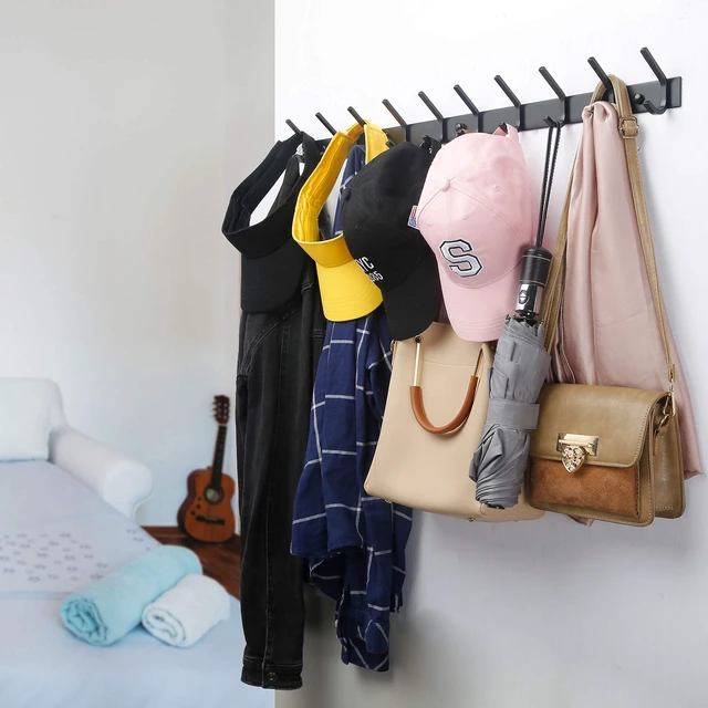 Alt view image 3 of 7 - Coat Rack Wall Mounted,24 Inch 8 Hooks for Hanging Coats,Hook Rack Hook Rail Coat Hanger Wall Mount for Backpack,Clothes,Jacket,Black,2 Packs